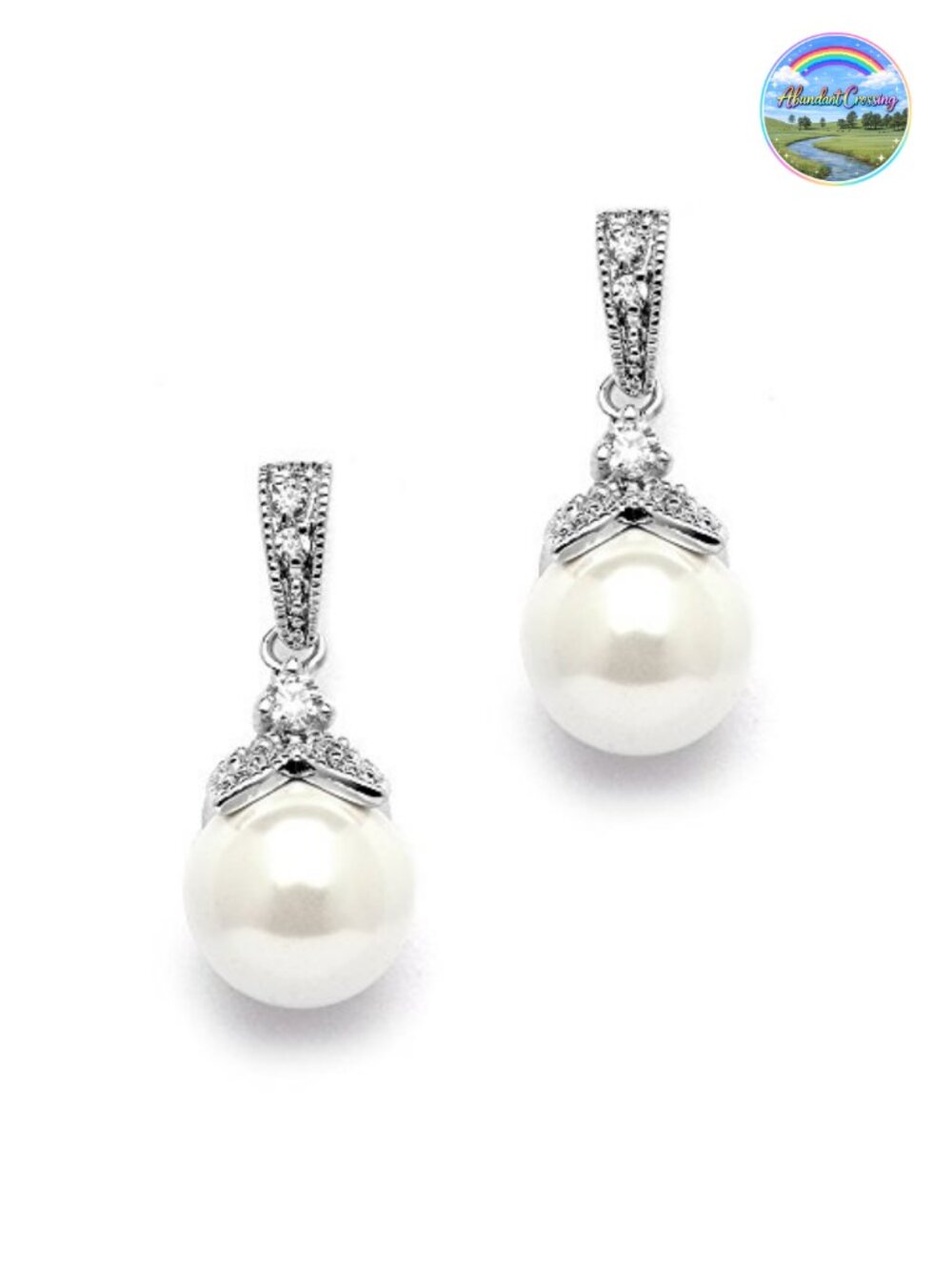 Pearl Drop Dangle Earrings Platinum Plated CZ Bridal Wedding Jewelry